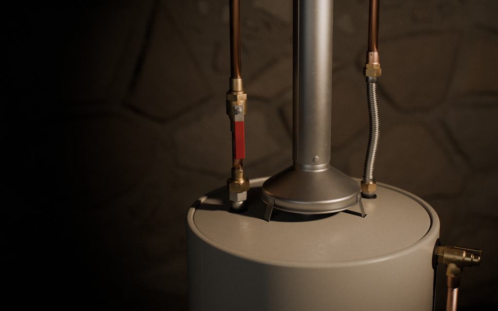 Copper water lines, a red-handled ball valve and a flue on top of a gas water heater against a dark stone wall
