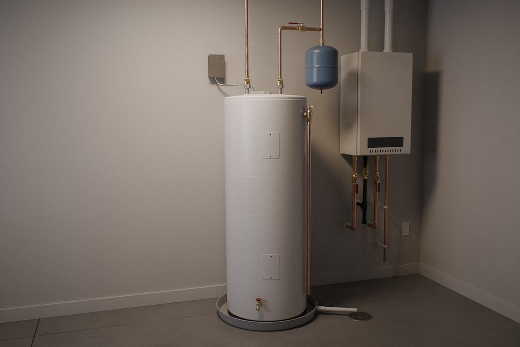 A white tank water heater in a drain pan with copper piping and an expansion tank, next to a wall-hung boiler